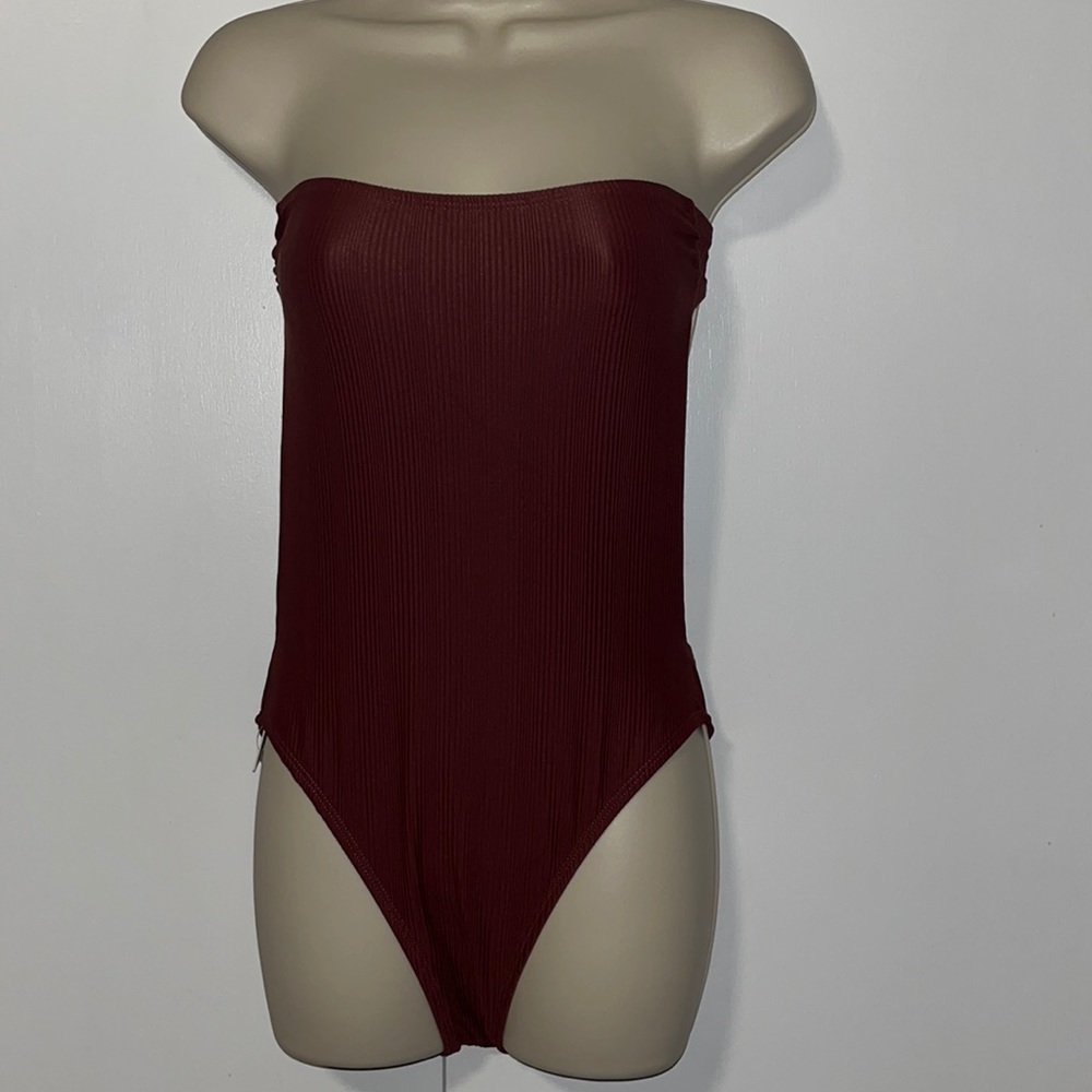 NWT Ris-K by Dippin Daisys Brown Ribbed Strapless One Piece Bandeau Swimsuit S - Picture 4 of 14